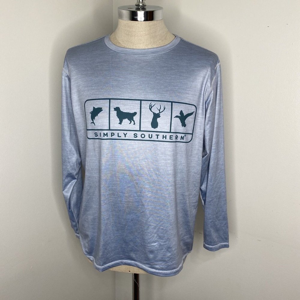 Simply Southern Mens Long Sleeve T Shirt sz L BLue Hunting Fishing